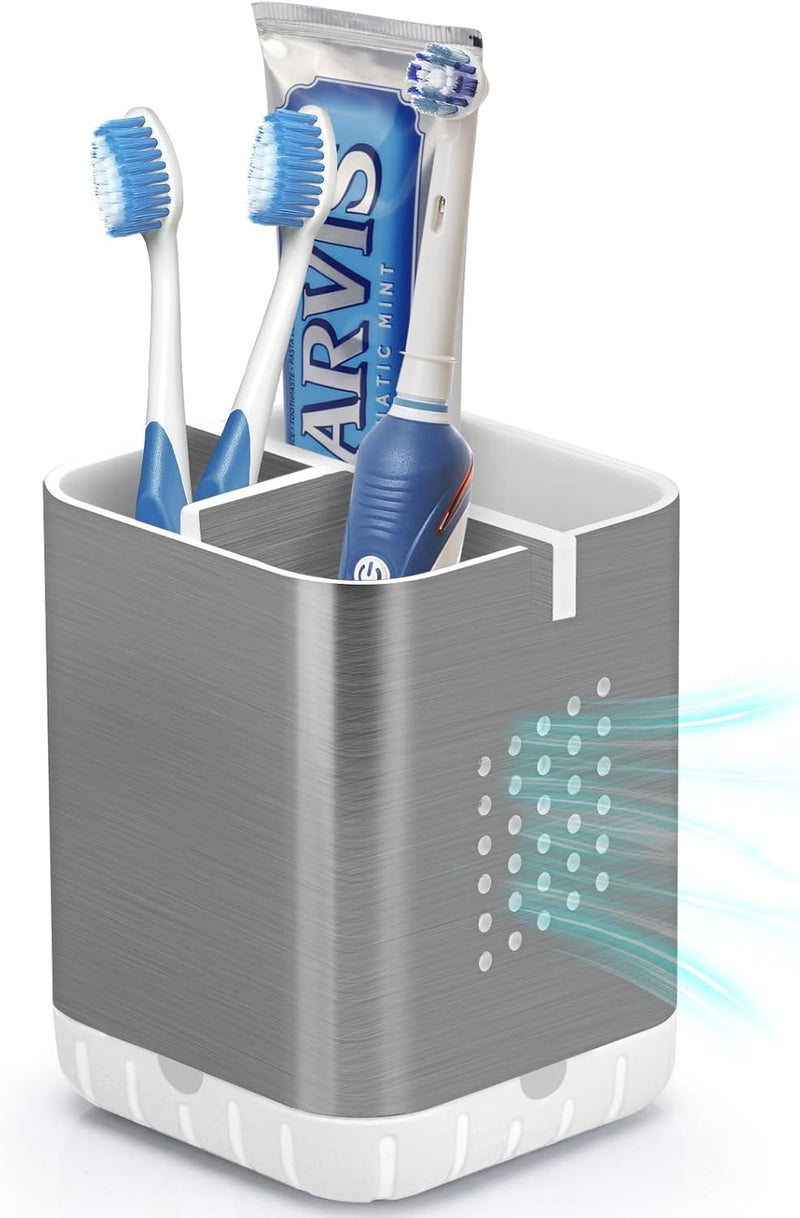 Boperzi Toothbrush Holder Toothpaste Organizer Drainage for Bathroom Vanity, Detachable Anti-Slip Brushed Nickel Toothpaste Storage Caddy 3 Slots with Drainage Holes for Makeup Brush Razor Stand - Image 1